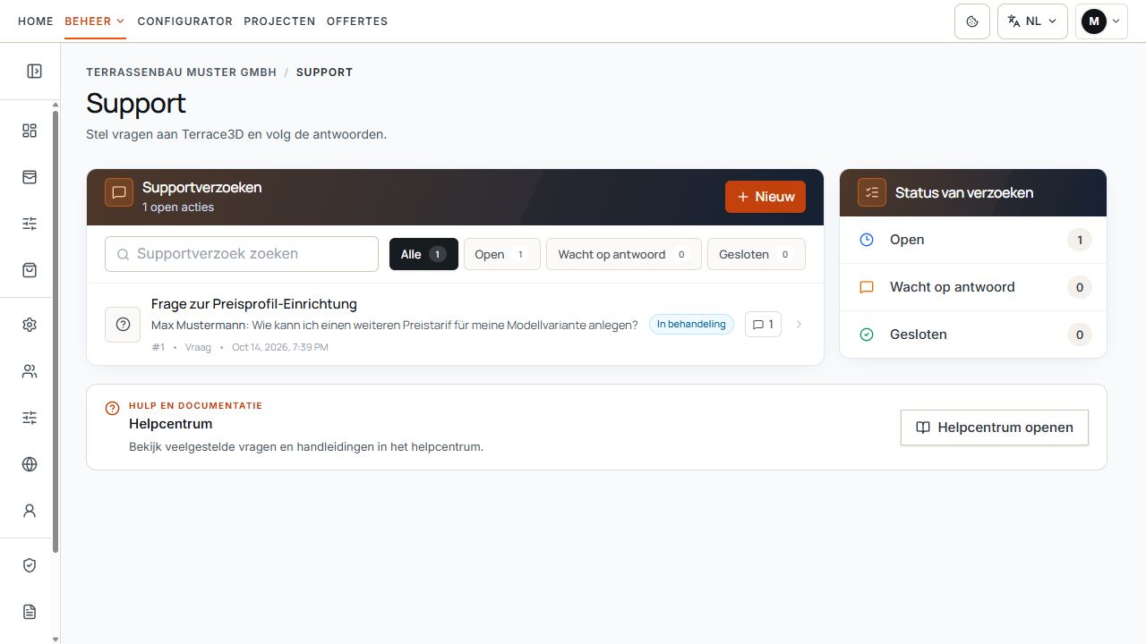 Supportgebied met ticketlijst, zoekfunctie en filters voor de statusgebieden.