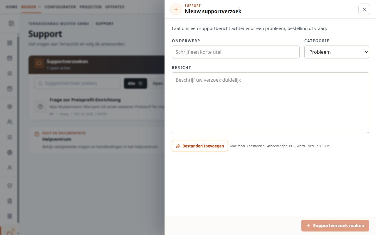 Nieuwe supportaanvraag met onderwerp, categorie, bericht en bestandsselectie.