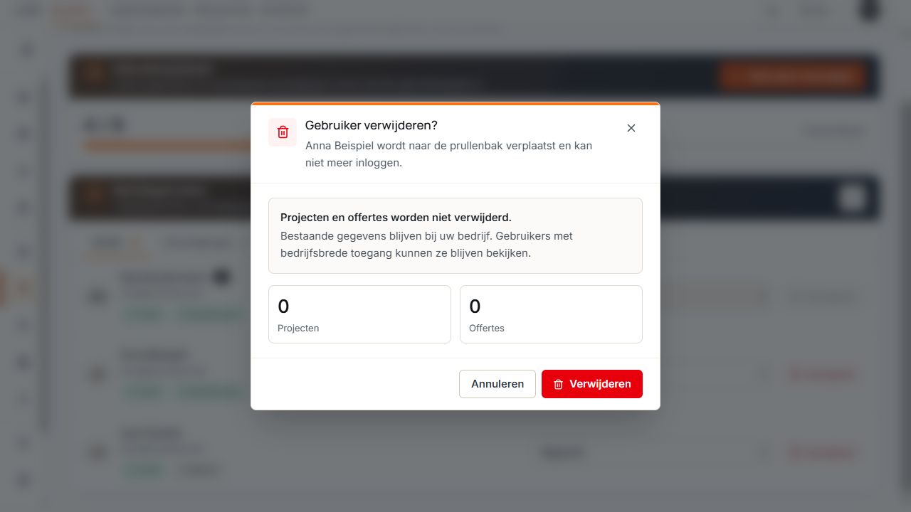 Dialoog Gebruiker verwijderen voor Anna met informatie over gegevensbehoud en nul projecten en nul offertes.