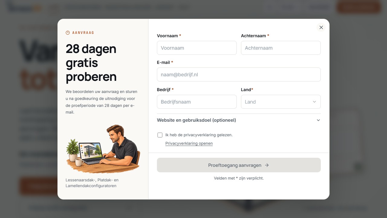 Openbaar formulier voor de proeftoegang van 28 dagen met persoonsgegevens, bedrijfsgegevens en landgegevens.