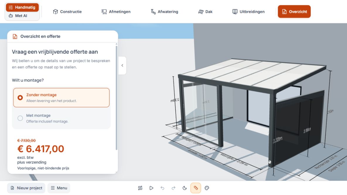 Openbaar Studio-overzicht met montagekeuze, vrijblijvende voorlopige prijs en 3D-model.