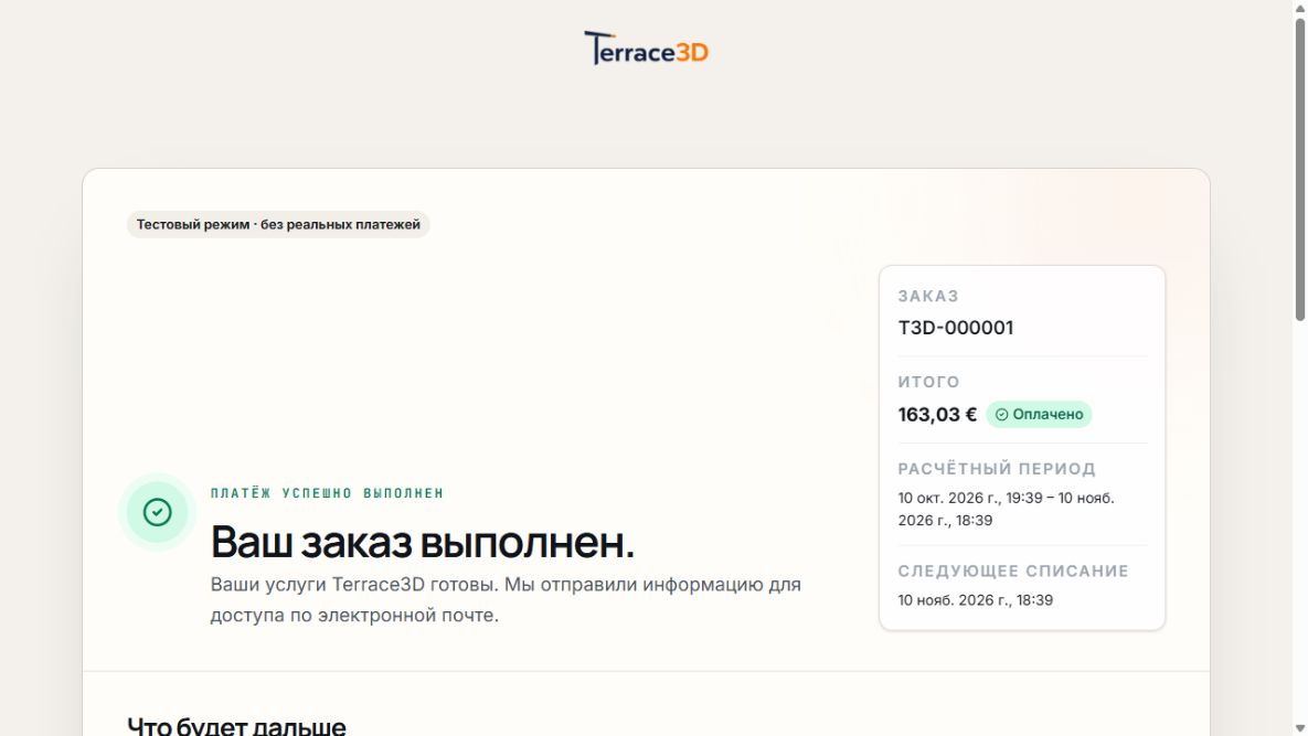 Статус демонстрационного заказа в тестовой среде с успешной оплатой и завершенным предоставлением доступа.