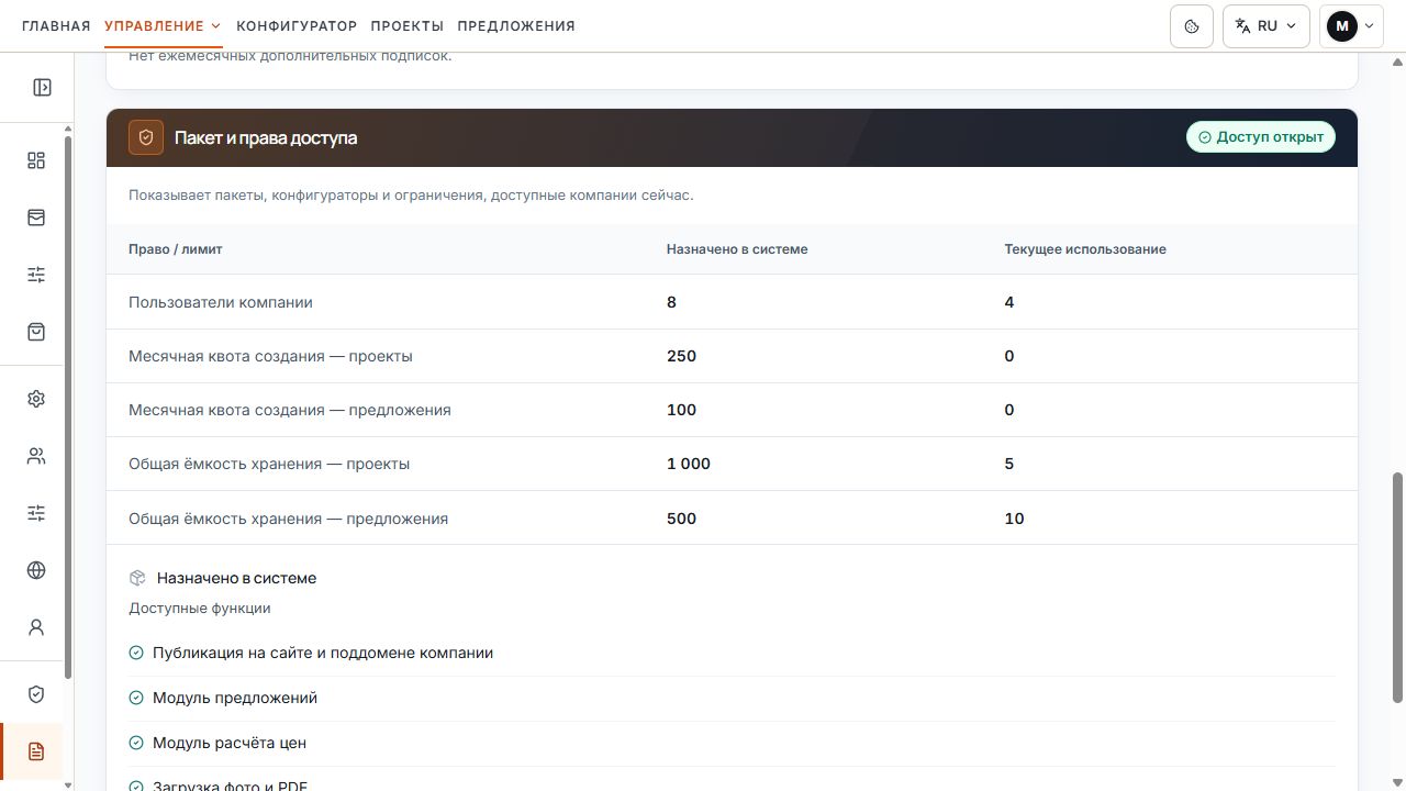 Обзор доступа с назначенными сейчас лимитами и текущим использованием.
