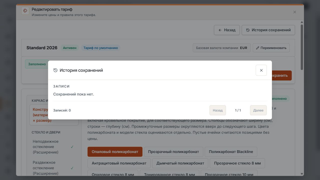 История изменений выбранного ценового тарифа без существующих записей.