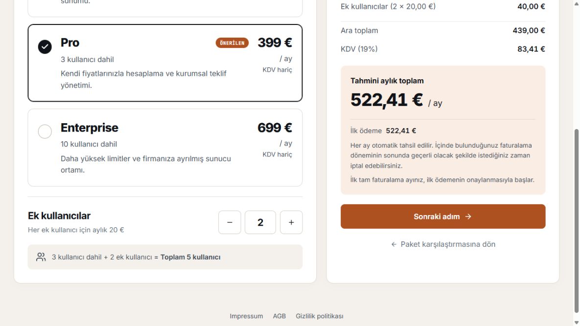Ek kullanıcılar, vergiler ve ilk ödeme içeren paket seçiminin alt bölümü.