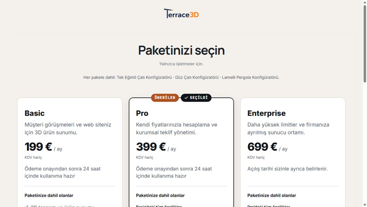 Basic, Pro ve Enterprise paketleri, aylık fiyatlar ve seçili Pro paketi.