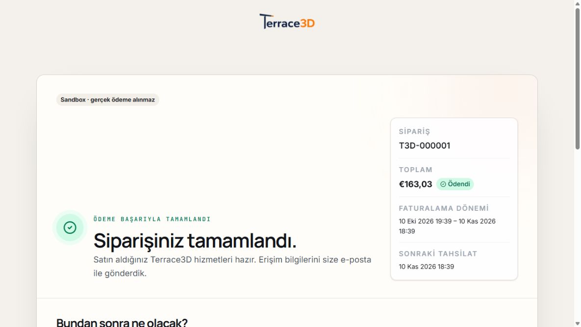 Ödemesi başarılı, kullanıma sunma durumu tamamlanmış bir sandbox örnek siparişinin durumu.