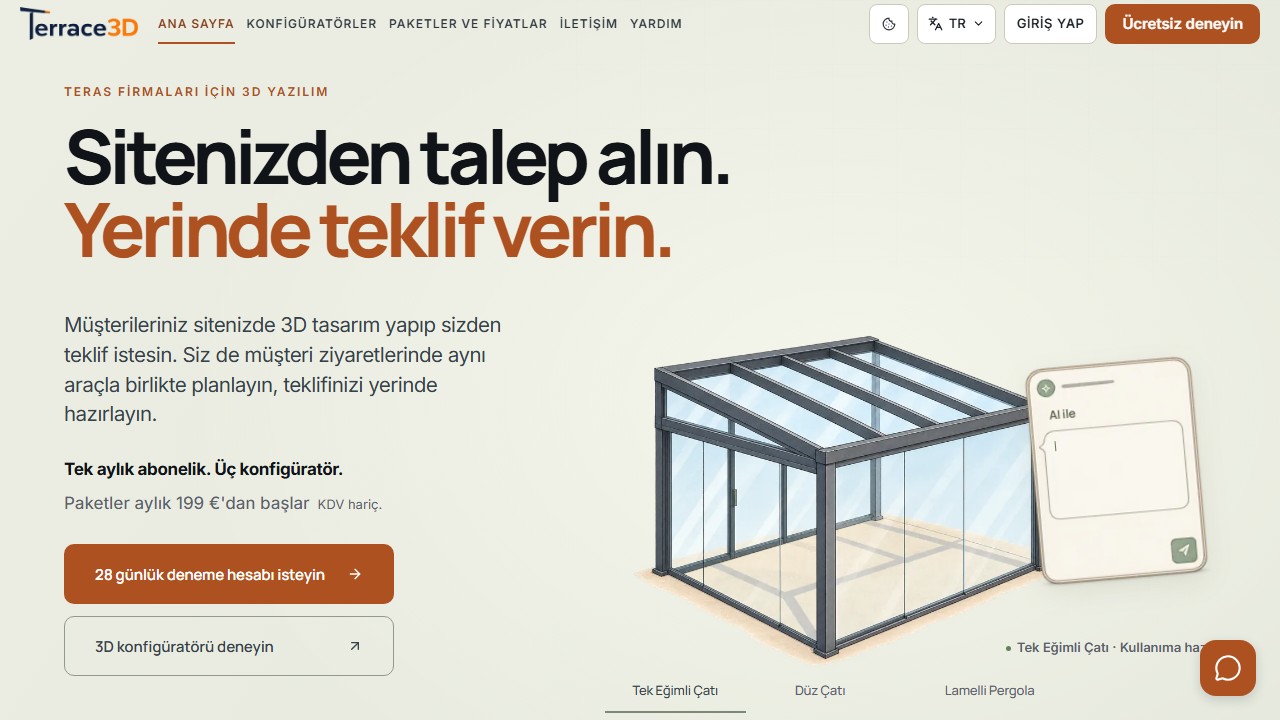 Denemeye erişim ve ürün sunumu içeren Terrace3D web sitesi başlangıç bölümü.