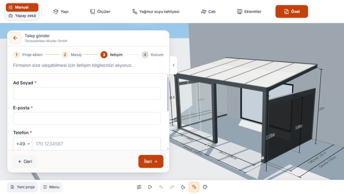 Web sitesi talebinin iletişim adımında ad, e-posta adresi ve telefon numarası.