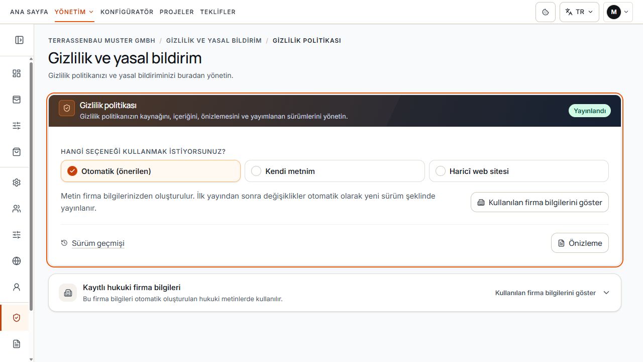 Yayınlandı işareti ve seçili otomatik gizlilik politikası bulunan gizlilik bölümü.