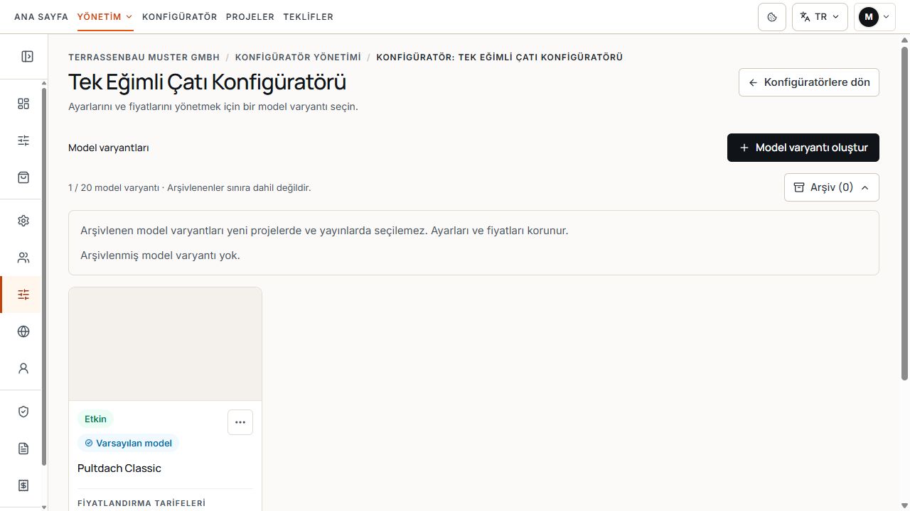 Açık ve boş arşiv alanı içeren konfigüratör yönetimi.
