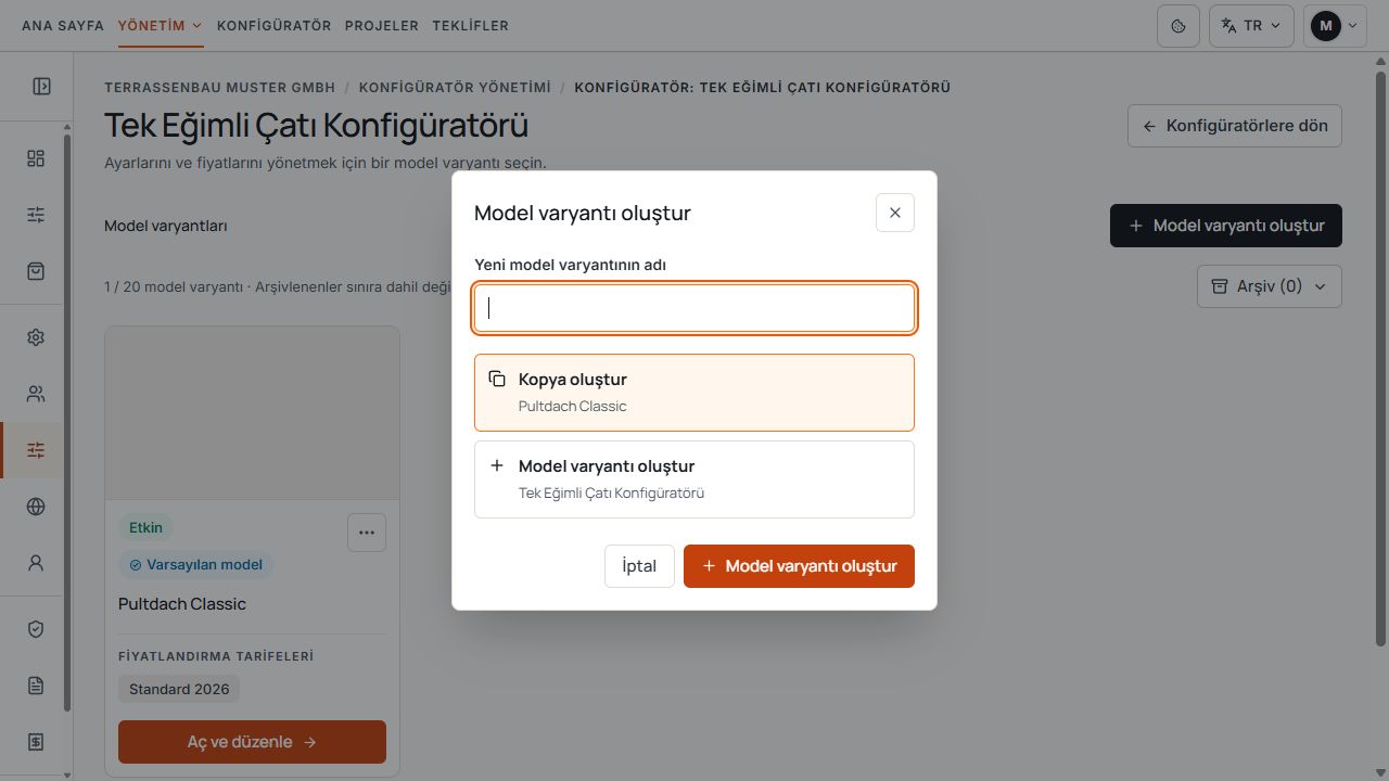 Ad alanı içeren model varyantı kopyalama veya oluşturma penceresi.