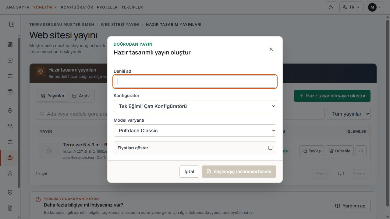 İç ad, model ve fiyat seçeneğini içeren hazırlanmış yayın penceresi.