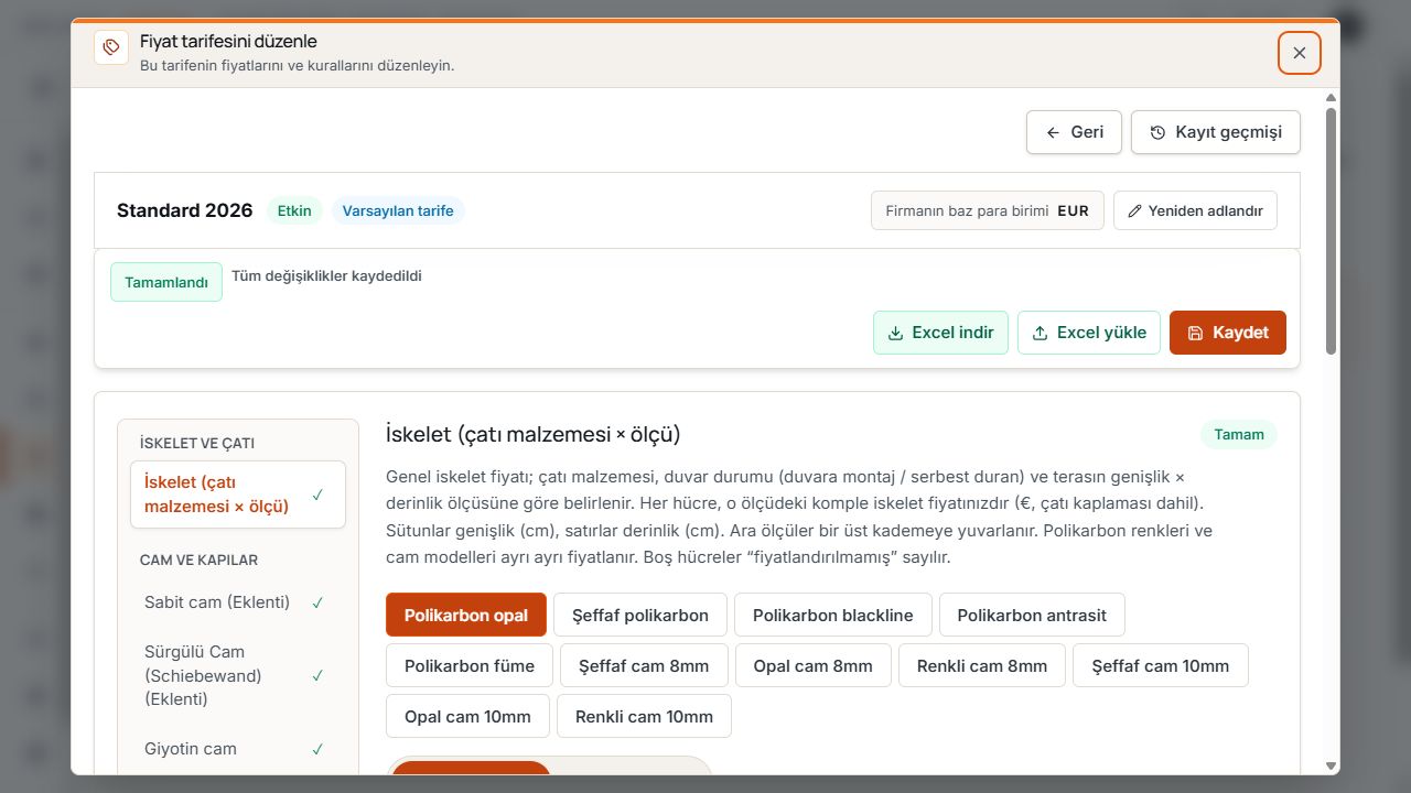 Tamlık durumu, fiyat grupları ve Excel işlemleriyle tarife düzenleme.