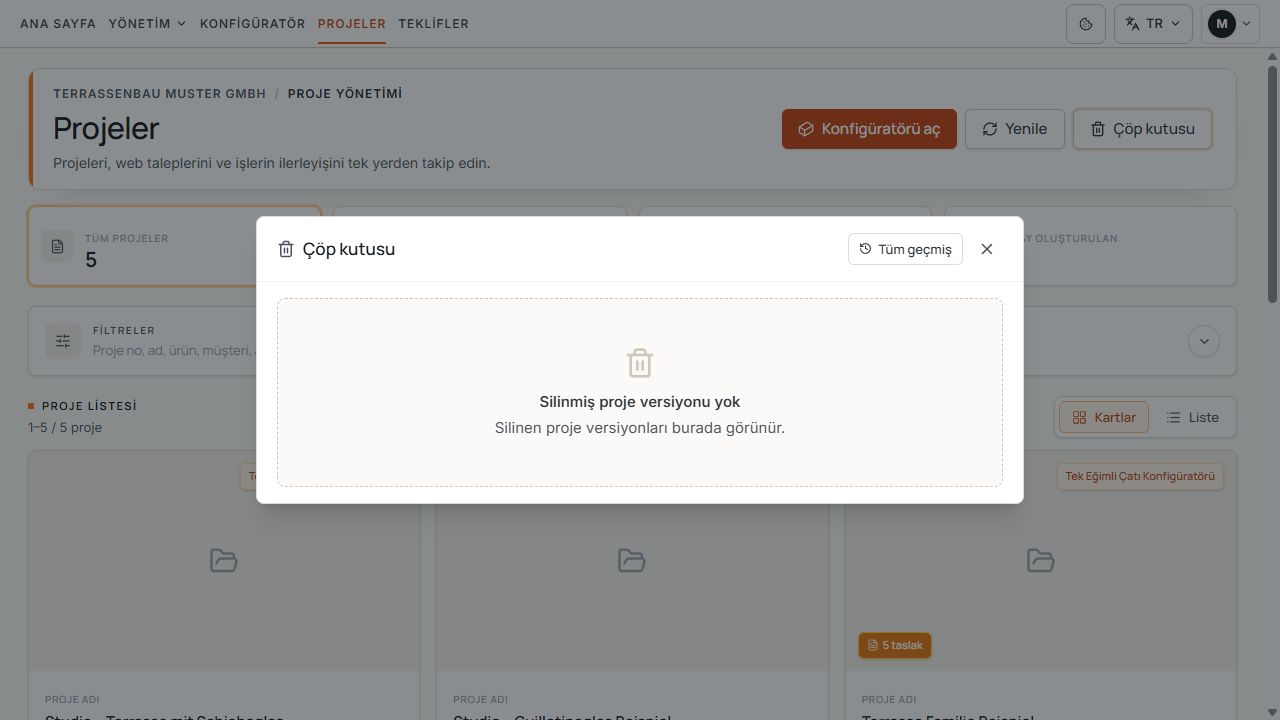 Silinmiş proje sürümü bulunmayan proje çöp kutusu.