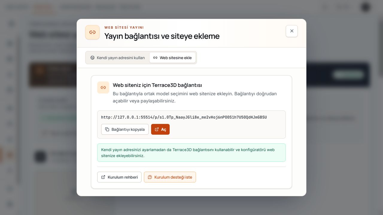 Kalıcı bağlantı ve kopyalama işlemi içeren ortak model seçimi paylaşım penceresi.