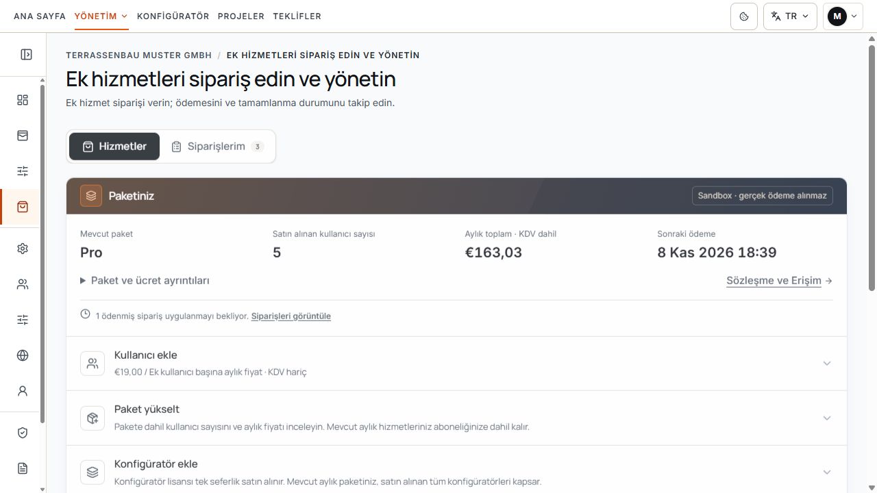 Mevcut paket, satın alınmış kullanıcı sayısı, kullanıcı ekleme ve paket yükseltme alanlarını gösteren ek hizmetler bölümü.
