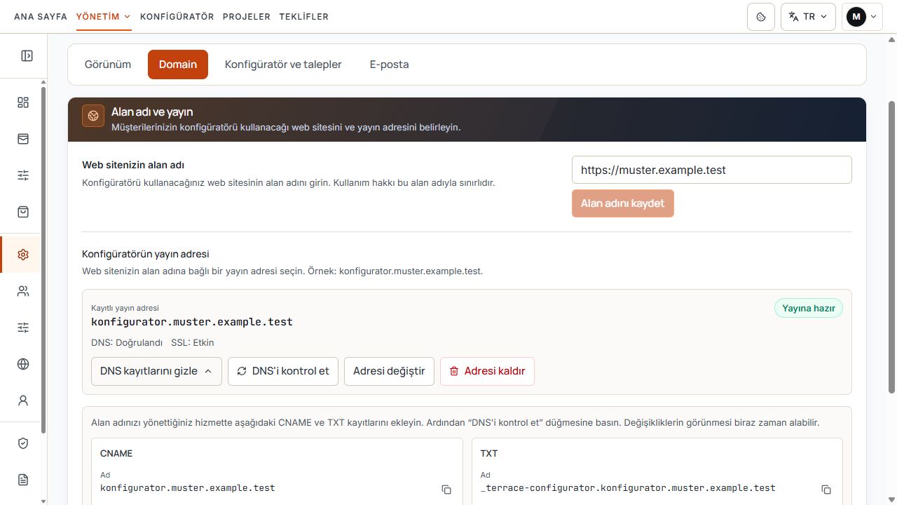 CNAME ve TXT kayıtlarıyla DNS ve SSL durumunu içeren kendi konfigüratör adresinizin DNS bölümü.