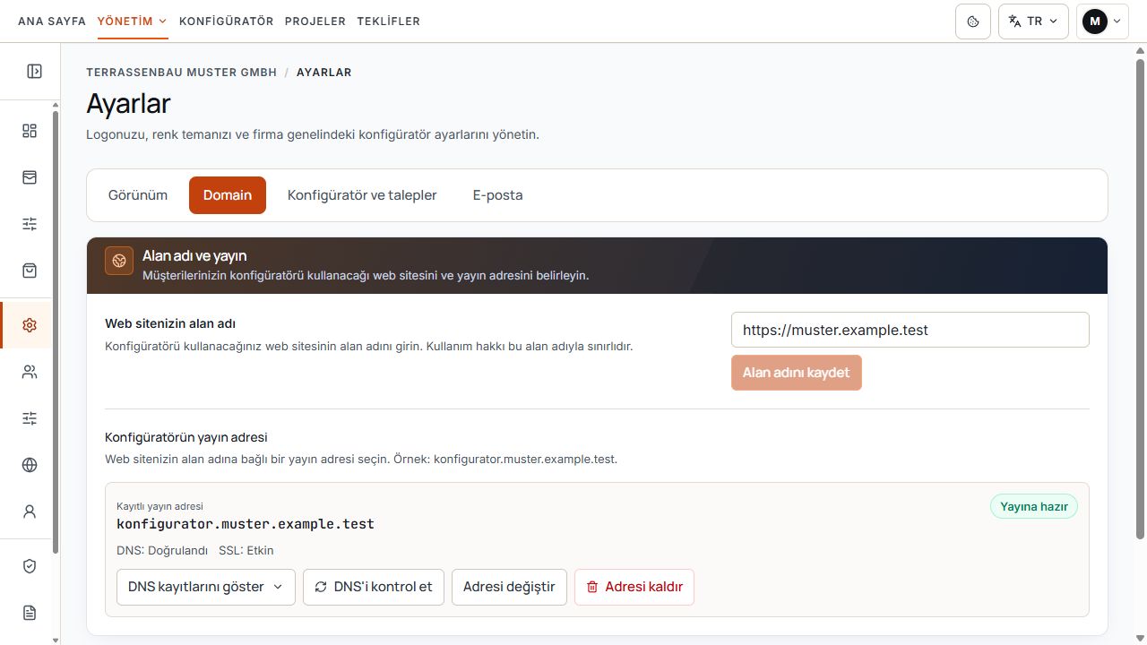 DNS onayı ve SSL durumu içeren özel konfigüratör alan adı.