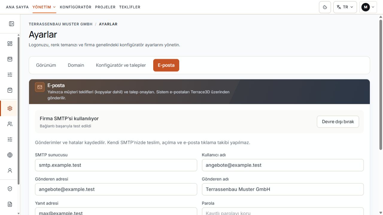 Etkin firma SMTP bağlantısını, bağlantı durumunu ve gönderen alanlarını gösteren e-posta ayarları.