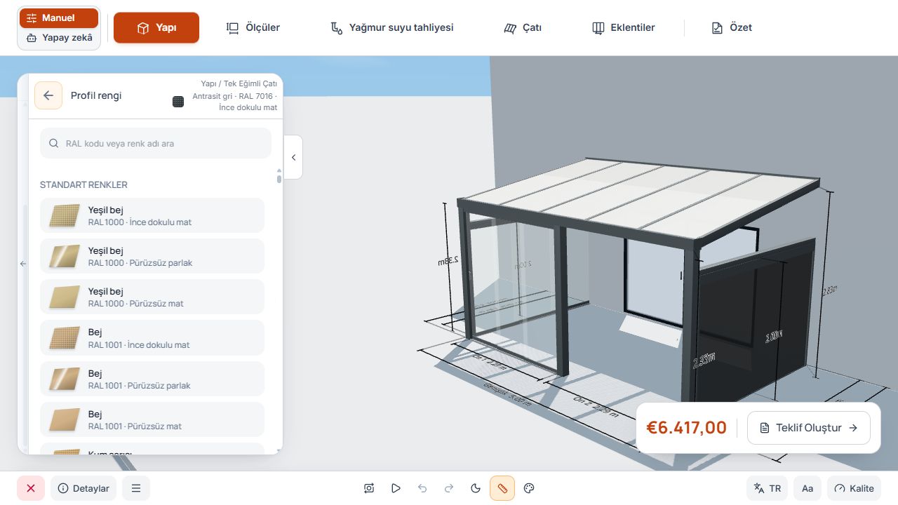 Renk arama, RAL renkleri ve 3D önizlemeyi içeren profil rengi seçimi.