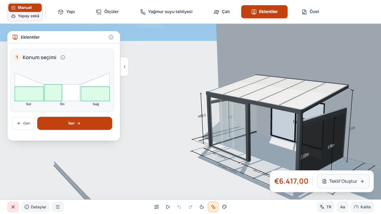 3D modelin yanında kullanılabilir yan ve ön yüzeylerin seçimini gösteren Eklentiler adımı.