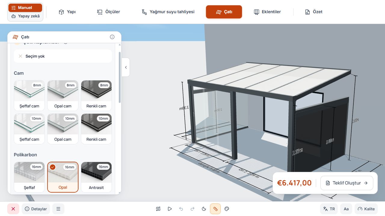 Çatı kaplaması seçimi ve 3D önizleme içeren Çatı adımı.