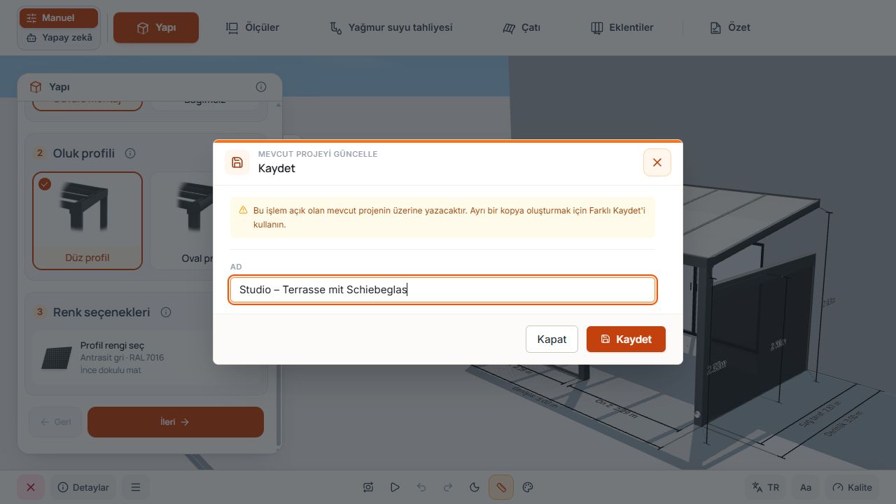 Proje adını ve açık projenin üzerine yazma uyarısını gösteren Kaydet penceresi.