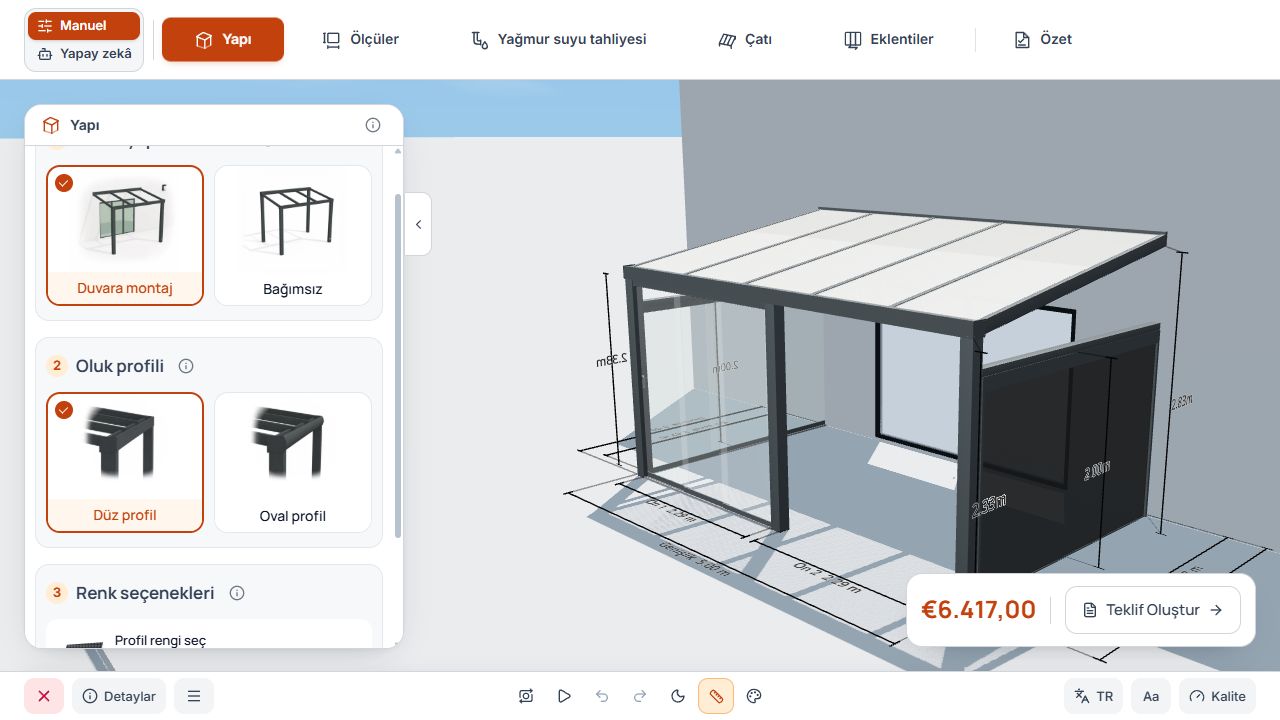 Altı manuel adım, montaj türü, oluk profili ve 3D model içeren Studio.