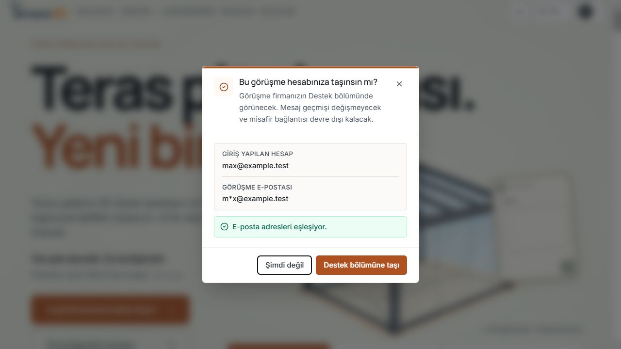 E-posta adresleri eşleşen bir misafir görüşmesinin firma hesabına taşınmasına yönelik onay iletişim kutusu.