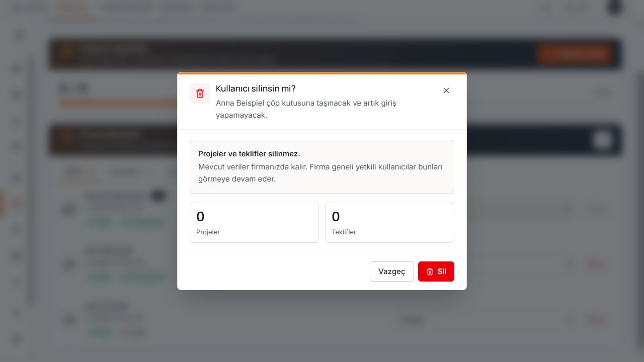 Anna için veri korunmasına ilişkin bilgi, sıfır proje ve sıfır teklif içeren Kullanıcıyı sil penceresi.