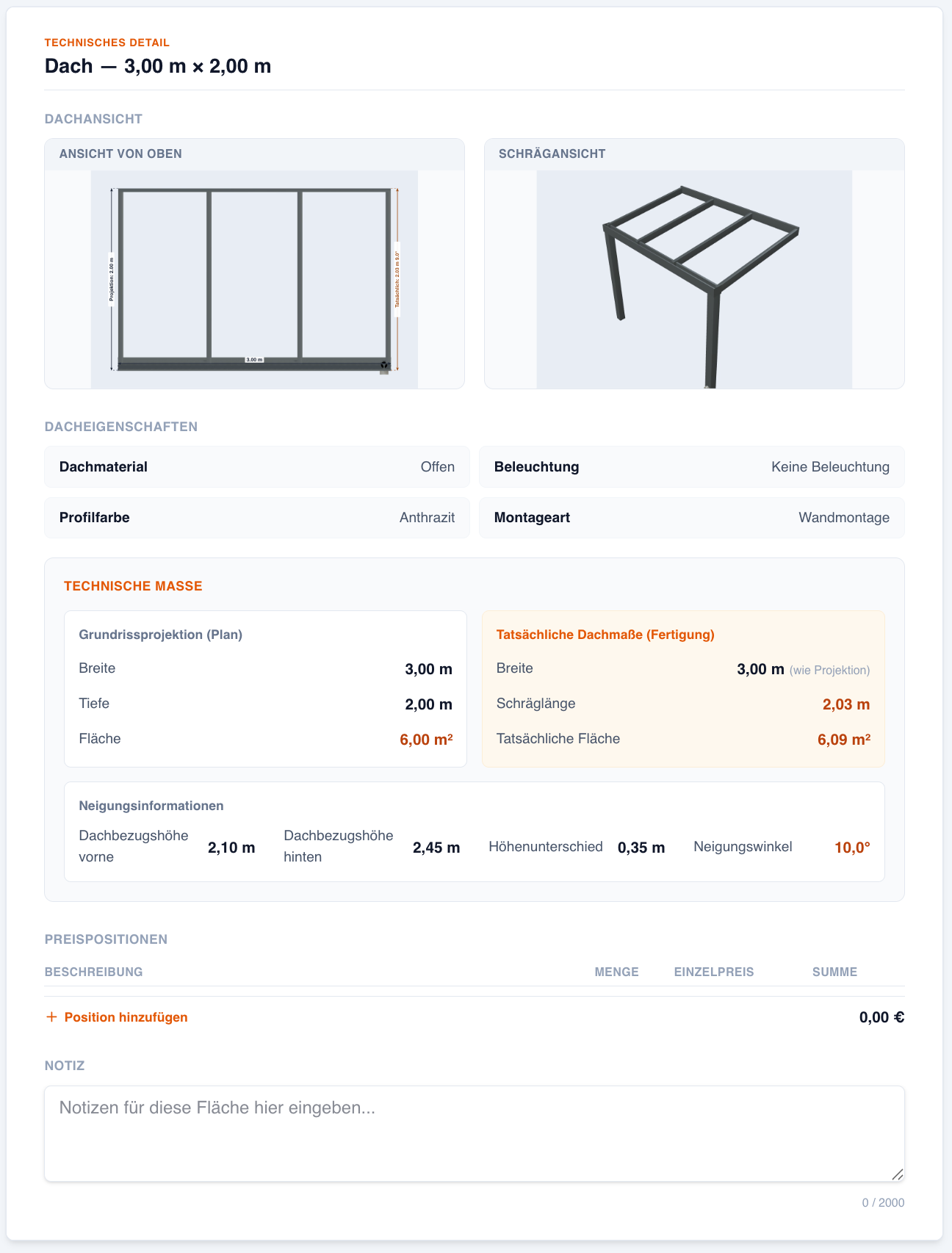 Screenshot des technischen Angebotsdetails Dach mit Draufsicht, Schrägansicht, Dacheigenschaften, technischen Maßen und Notizfeld.