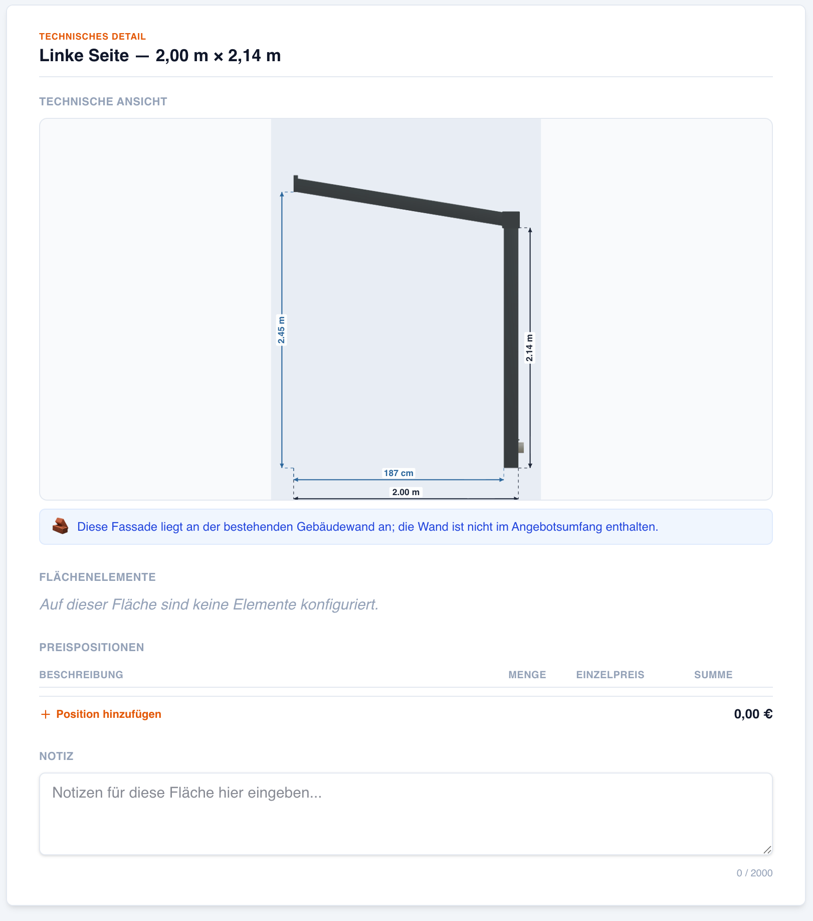 Screenshot des technischen Angebotsdetails Linke Seite mit Seitenansicht, Maßangaben, Wandhinweis, Preispositionen und Notizfeld.