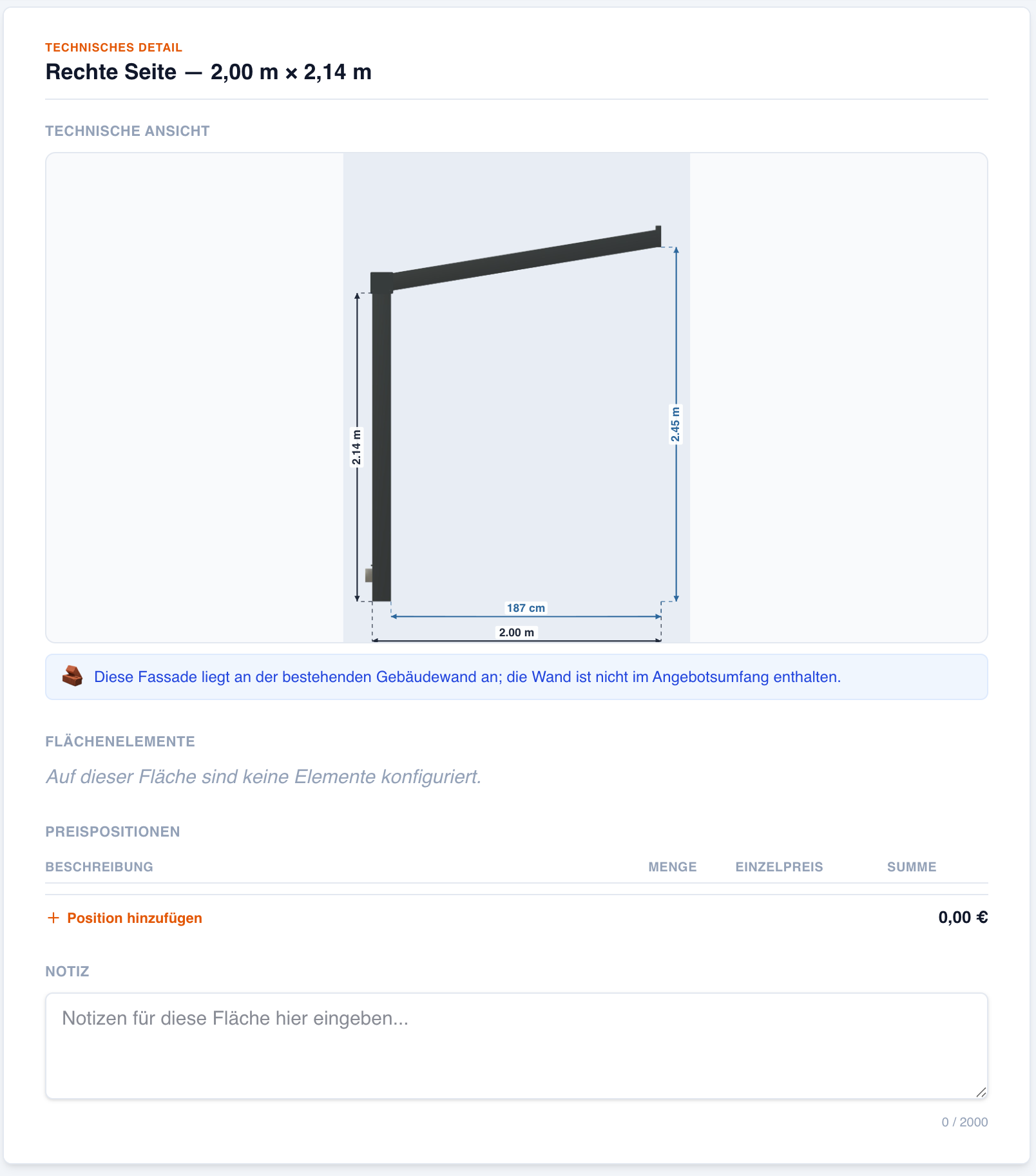 Screenshot des technischen Angebotsdetails Rechte Seite mit Seitenansicht, Maßangaben, Wandhinweis, Preispositionen und Notizfeld.