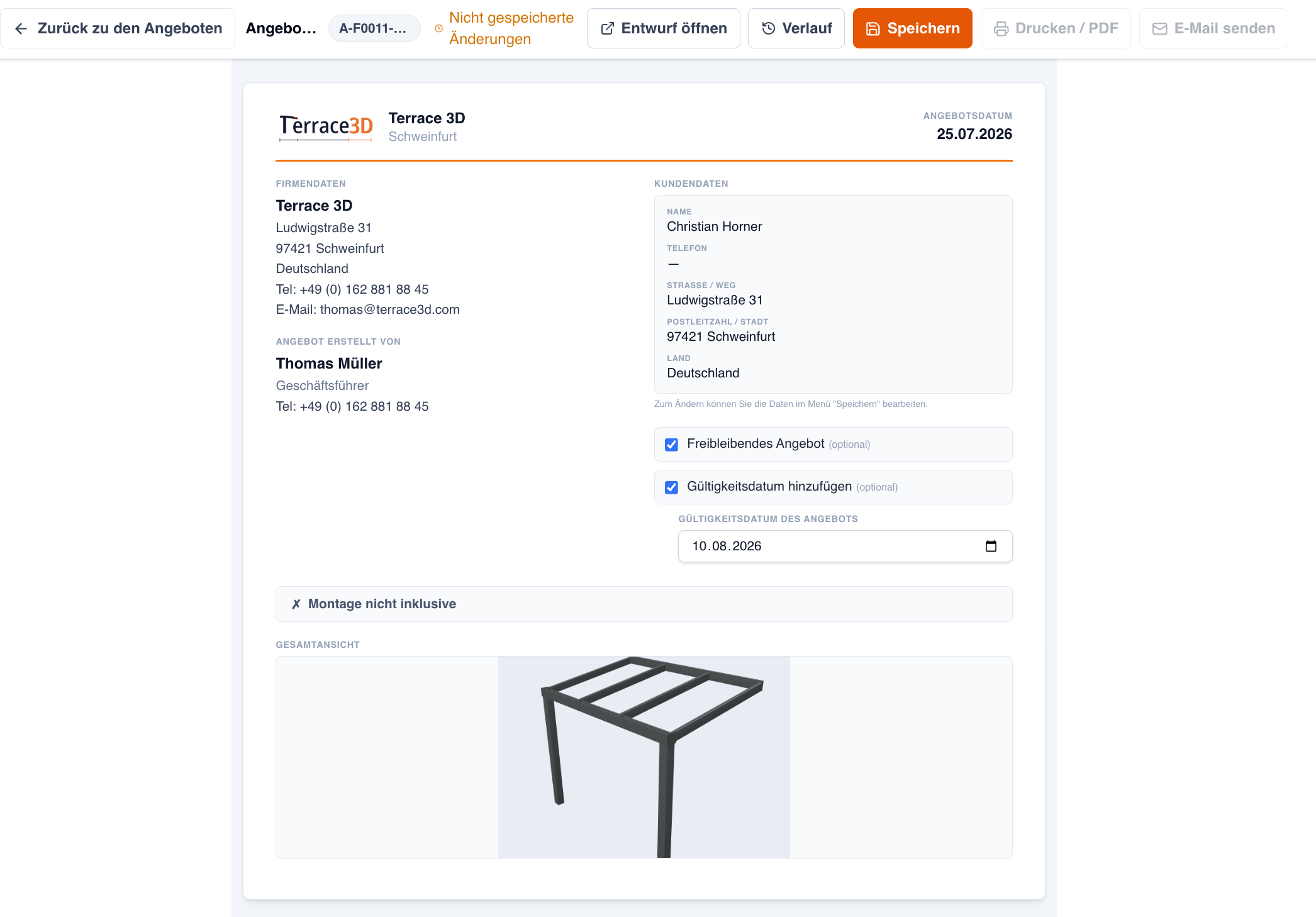 Screenshot des Angebotsberichts mit Hinweis Nicht gespeicherte Änderungen, aktivem Speichern-Button und deaktivierten Drucken-PDF- sowie E-Mail-senden-Schaltflächen.