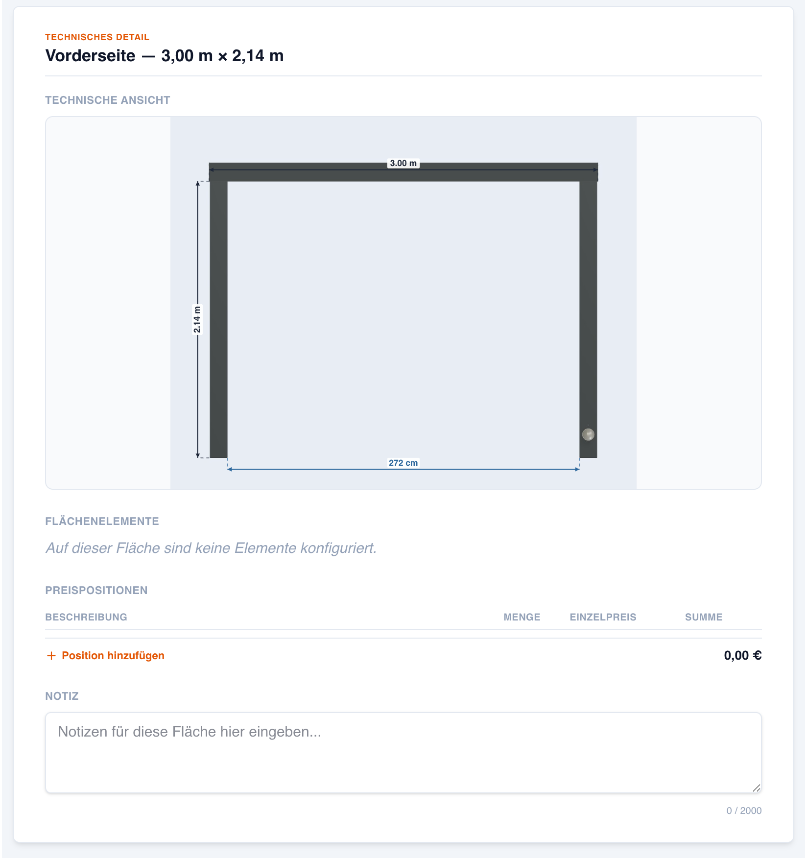 Screenshot des technischen Angebotsdetails Vorderseite mit technischer Ansicht, Maßen, Preispositionen und Notizfeld.