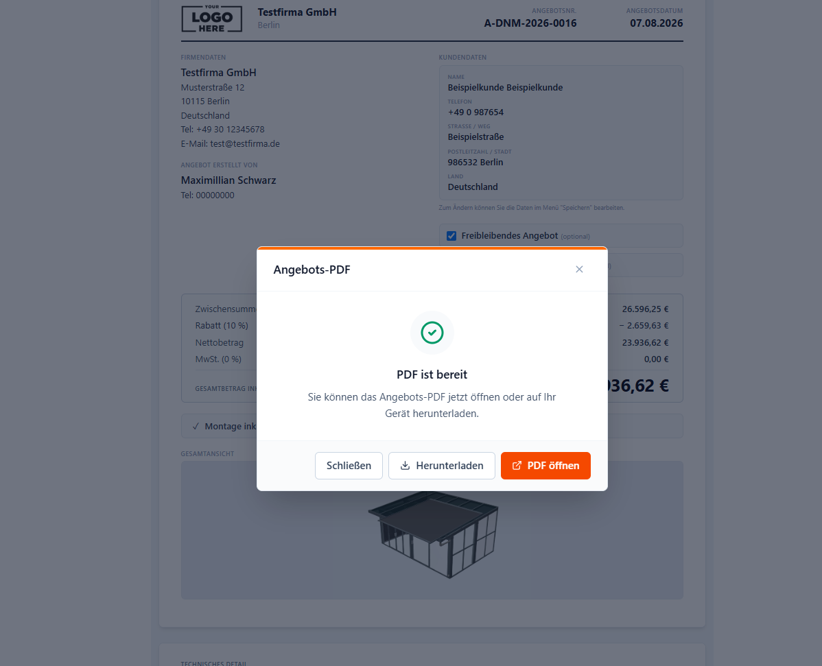Screenshot des Fensters Angebots-PDF im Zustand PDF ist bereit mit den Aktionen Schließen, Herunterladen und PDF öffnen.