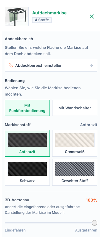 Screenshot der Aufdachmarkise-Einstellungen mit Abdeckbereich, Bedienung, Markisenstoff und 3D-Vorschau.