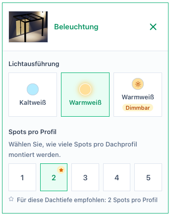 Screenshot der Beleuchtung-Einstellungen mit Lichtausführung und Spots pro Profil.