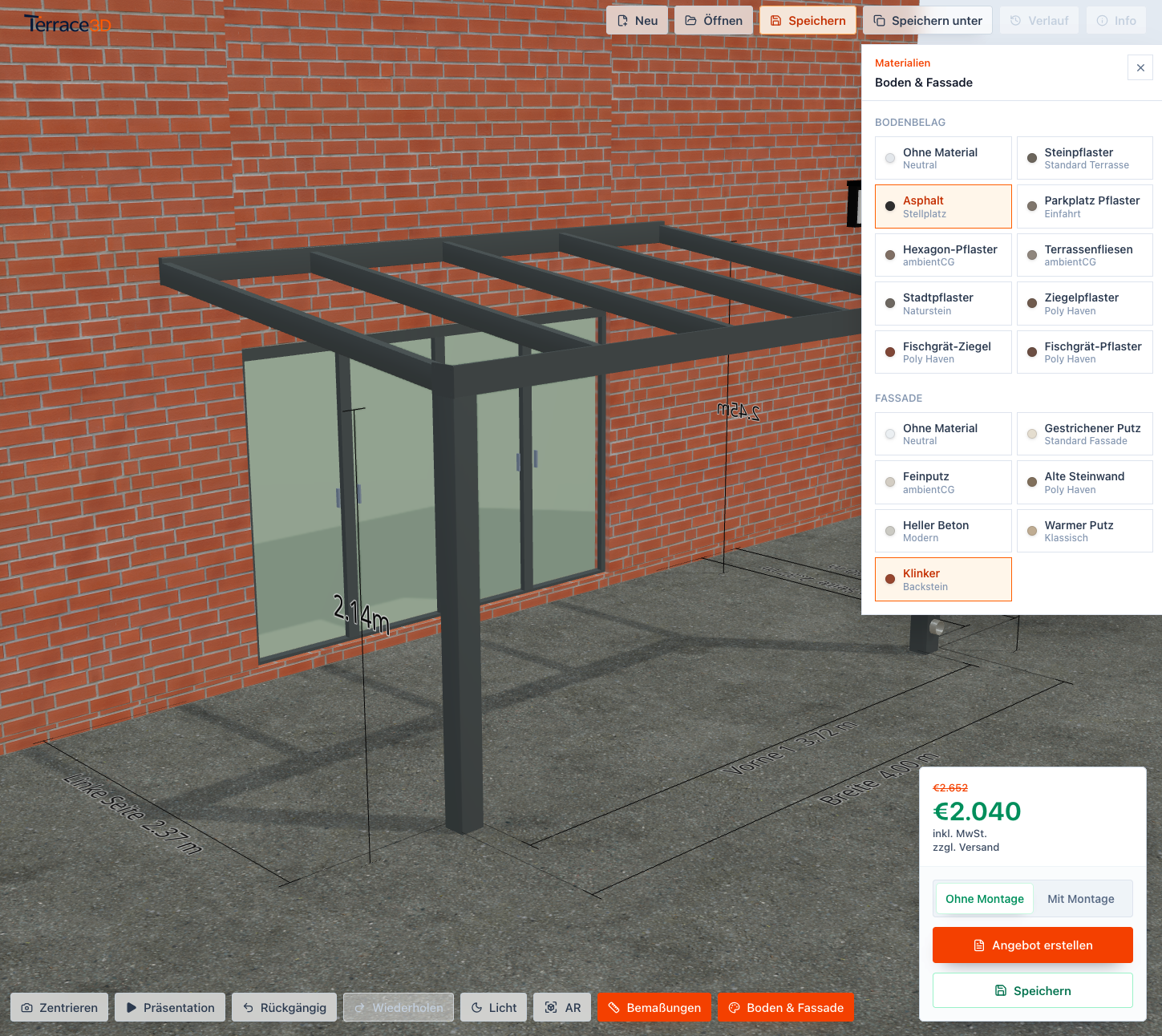 Screenshot des Boden-und-Fassade-Panels mit auswählbaren Bodenbelägen und Fassadenmaterialien.