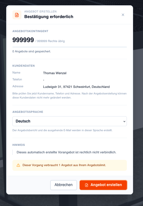 Screenshot des Dialogs Angebot erstellen mit Kontingent, Kundendaten, Angebotssprache und Bestätigung.