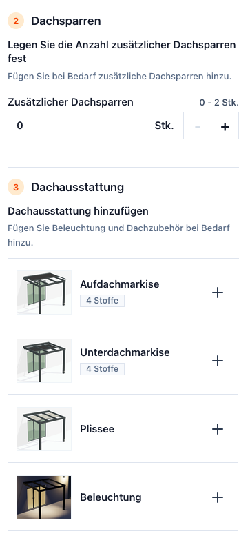 Screenshot der Dachausstattung mit zusätzlichem Dachsparren, Aufdachmarkise, Unterdachmarkise, Plissee und Beleuchtung.