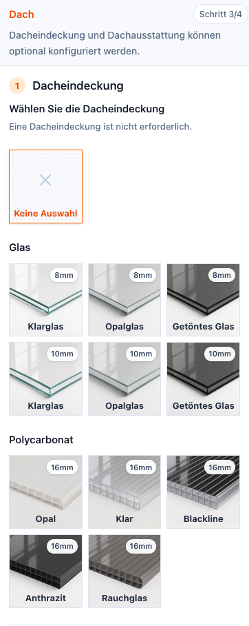 Screenshot der linken Konfigurator-Seitenleiste im Schritt Dach mit Dacheindeckung, Glasvarianten und Polycarbonatvarianten.