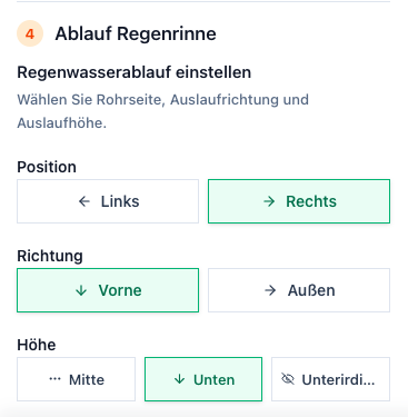 Screenshot des Dach-Schritts mit Einstellungen für Ablauf Regenrinne, Position, Richtung und Höhe.