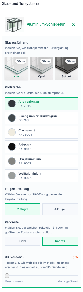 Screenshot einer Aluminium-Schiebetür mit Glasführung, Profilfarbe, Flügelaufteilung, Parkseite und 3D-Vorschau.