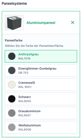 Screenshot eines Aluminiumpaneels mit Paneelfarbe in den Erweiterungen.