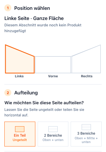 Screenshot der Erweiterungen mit ausgewählter linker Seite und Aufteilung in ein, zwei oder drei Bereiche.