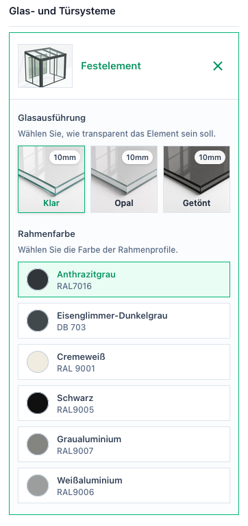Screenshot eines Festelements mit Glasführung und Rahmenfarbe in den Erweiterungen.
