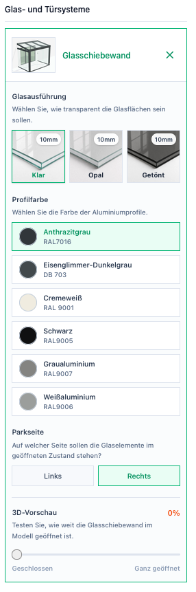 Screenshot einer Glasschiebewand mit Glasführung, Profilfarbe, Parkseite und 3D-Vorschau.