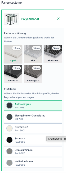 Screenshot eines Polycarbonat-Moduls mit Plattenausführung und Profilfarbe in den Erweiterungen.